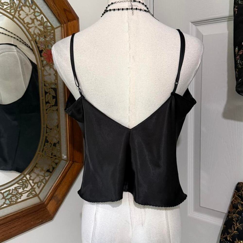 VTG Y2K Victoria's Secret Black Satin Floral Lace Trim Cropped Mini Cami Top M - Picture 5 of 8